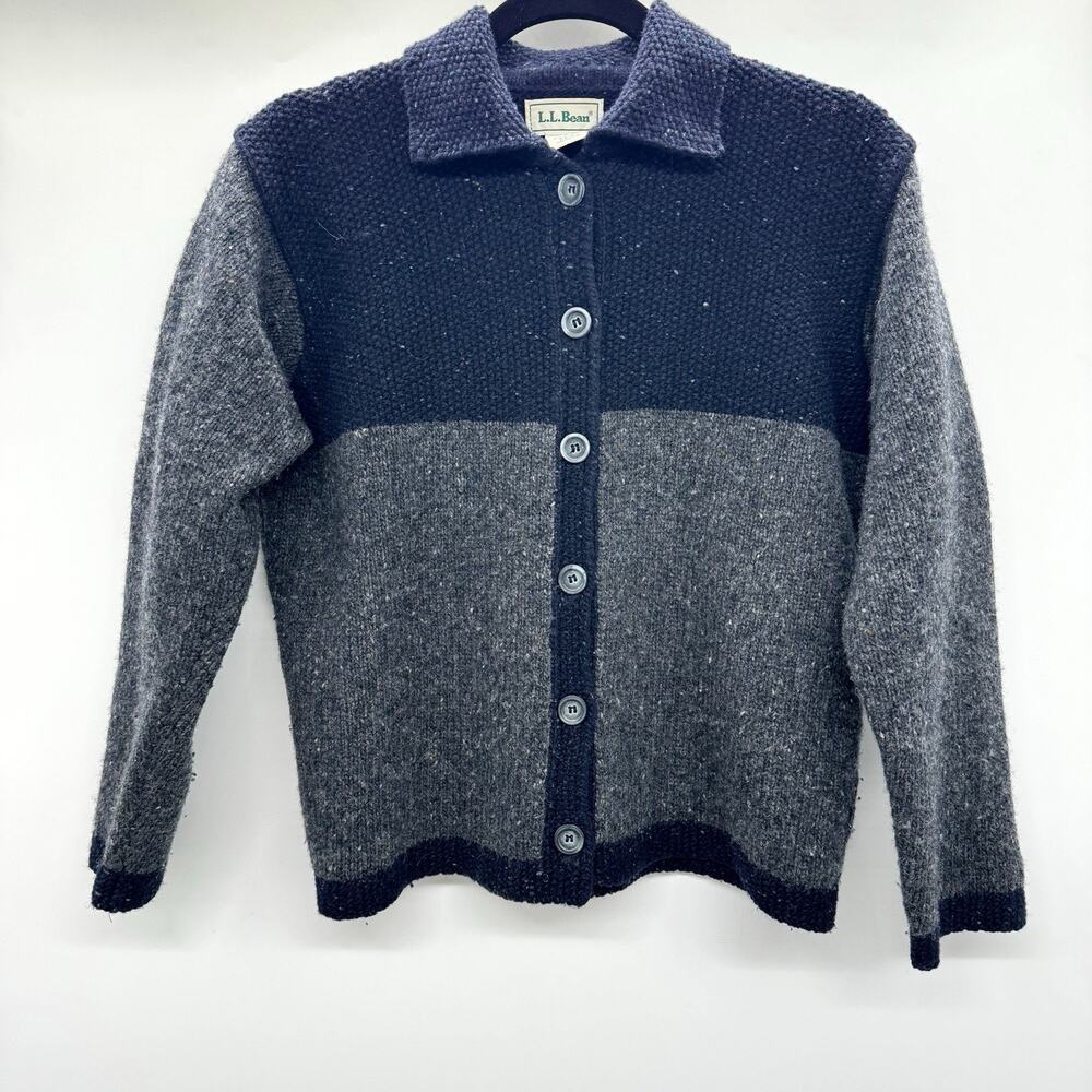 VTG L.L. Bean Wool Chunky Knit Cardigan Sz S Blue Gray Colorblock Marled Outdoor